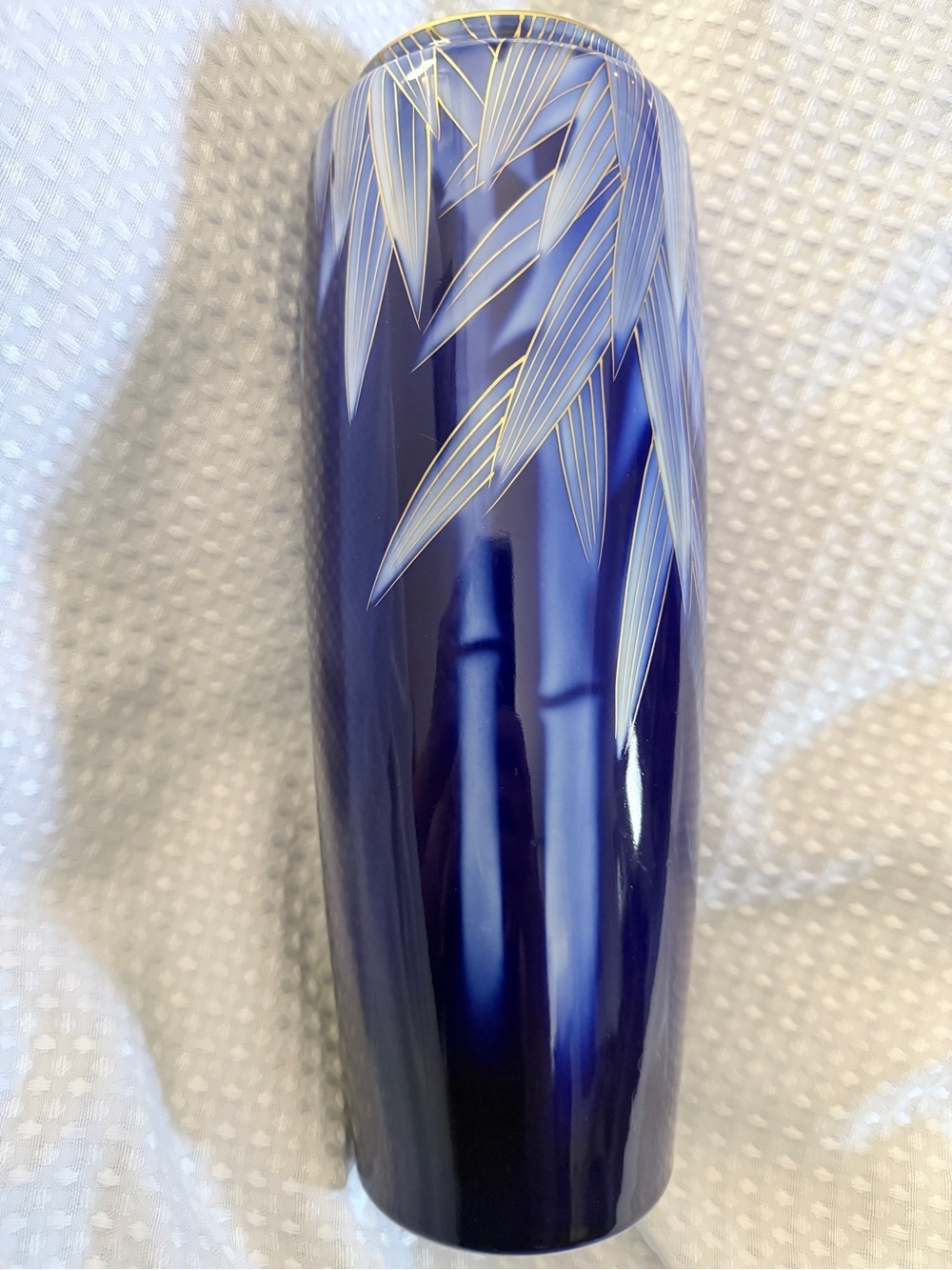 Vintage 11” Fukagawa Seiji Cobalt Blue & Gold Bamboo Porcelain Vase Signed